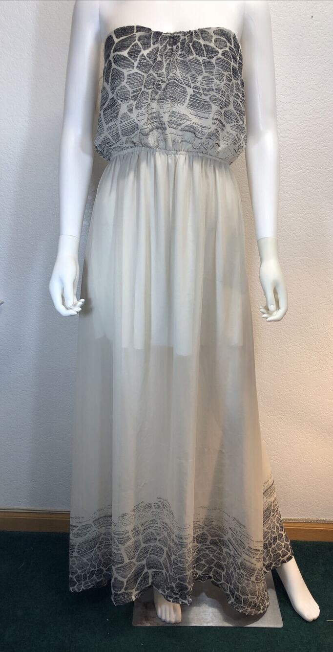 CottageCore Ivory Color Maxi Dress Sheer Pretty Lined Strapless Black accents